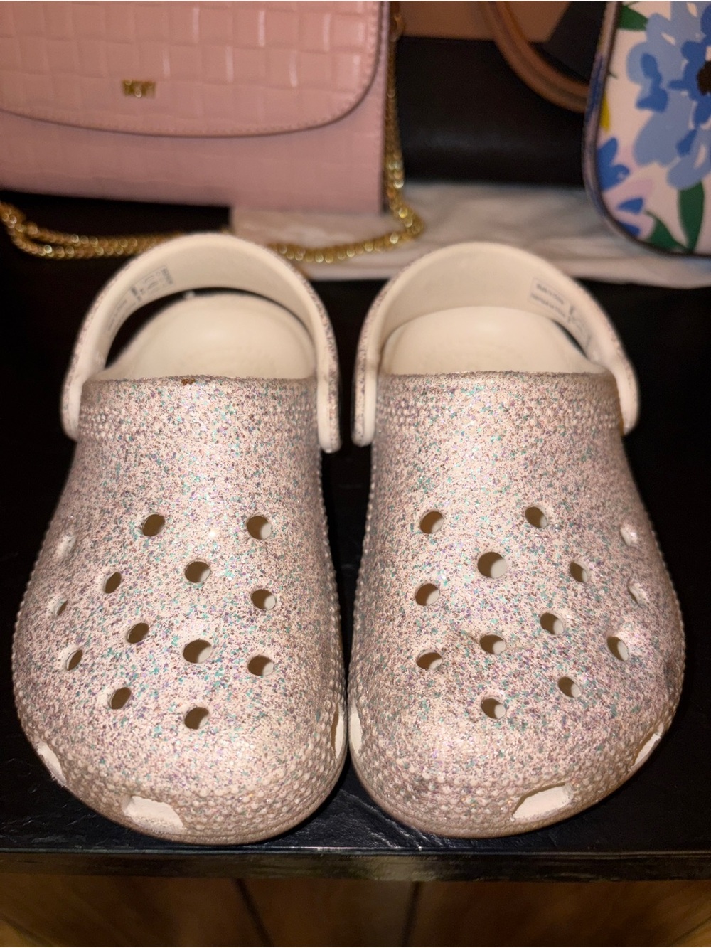 CROCS Kids White Glitter Clogs - Rose Sparkle with heel Strap